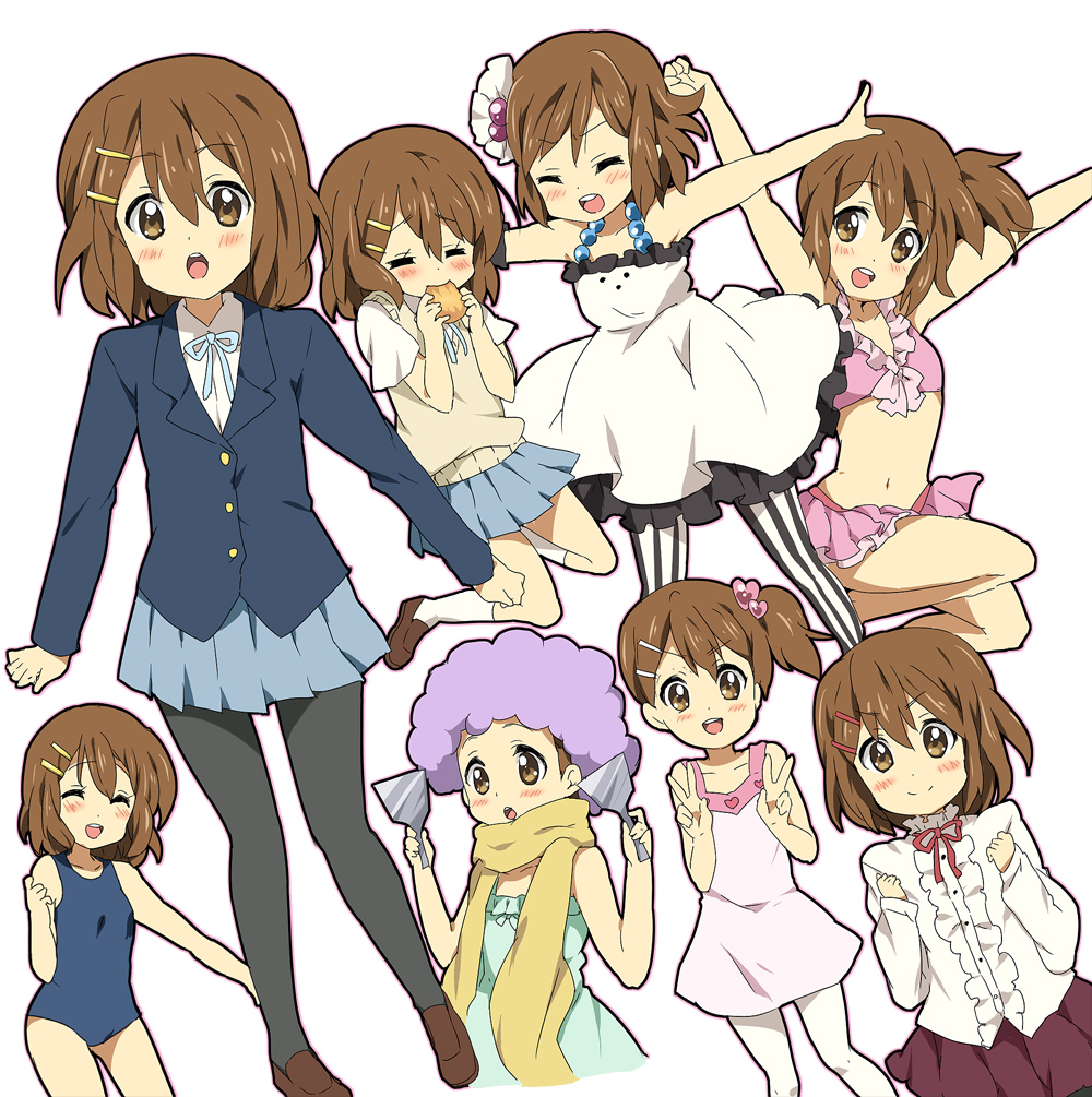 arms_up bad_id bikini blazer blush bread brown_hair don't_say_"lazy" don't_say_lazy dress eating food frills fuwafuwa_time hair_ornament hairclip hirasawa_yui k-on! maruki_(punchiki) md5_mismatch one-piece_swimsuit outstretched_arms pantyhose scarf school_swimsuit school_uniform short_hair side_ponytail smile solo sweater_vest swimsuit v vertical-striped_legwear vertical_stripes