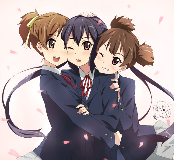 :d black_hair blazer brown_eyes brown_hair cheek-to-cheek cheek_to_cheek grin hair_ribbon hand_on_head hirasawa_ui hirasawa_yui hug k-on! long_hair multiple_girls nakano_azusa open_mouth red_eyes ribbon school_uniform short_hair skirt smile suzuki_jun twintails wink yokaze_japan