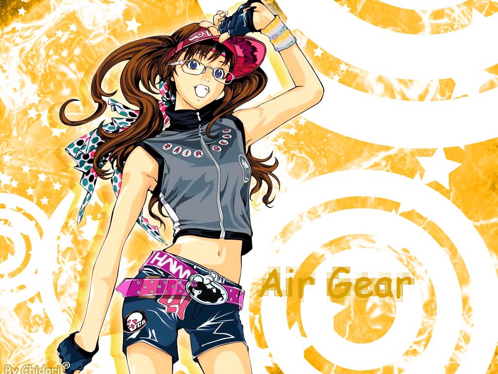 1024x768 arm_up armpits belt blue_eyes brown_hair crop_top elbow_pads fingerless_gloves glasses gloves grin hat headband jacket long_hair midriff navel noyamano_ringo oogure_ito polka_dot ribbon shorts skull sleeveless_shirt smile solo turtleneck twintails visor_cap wallpaper watermark wristband wristbands zipper