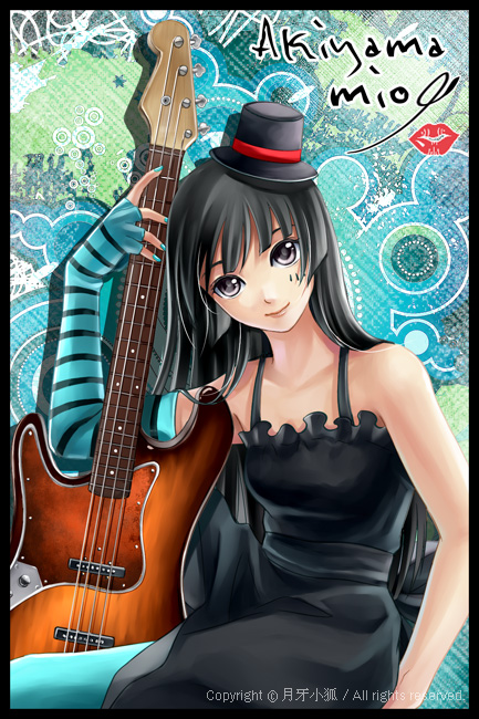 bangs bass_guitar black_hair blue_legwear blunt_bangs don't_say_lazy don't_say_"lazy" dress elbow_gloves face_paint facepaint fingerless_gloves getsugakogitsune gloves hat hime_cut instrument k-on! long_hair mini_top_hat pantyhose purple_eyes smile solo striped top_hat violet_eyes