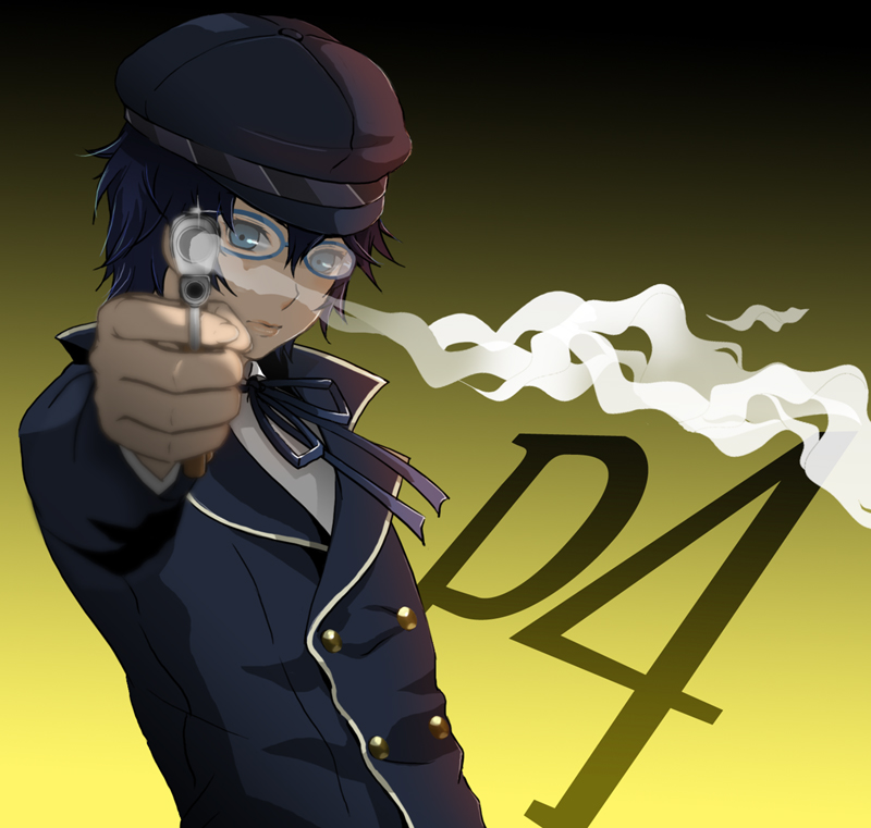 androgynous blue_eyes blue_hair cabbie_hat foreshortening glasses gun handgun hands hat merome persona persona_4 pistol reverse_trap shirogane_naoto short_hair smoke smoking_gun solo weapon