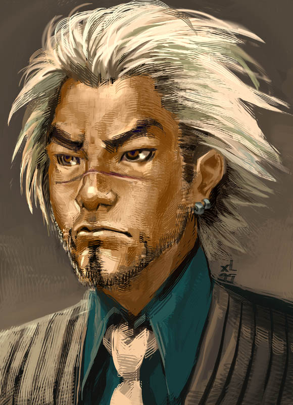 brown_eyes capcom earrings facial_hair godot gyakuten_saiban jewelry male necktie no_mask realistic scar white_hair