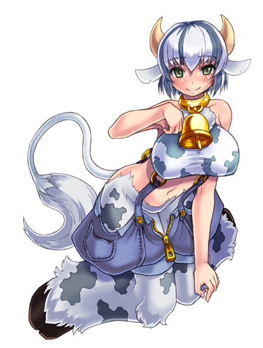 bad_id bare_shoulders bell bell_collar blush breasts collar cow_ears cow_girl cow_print cow_tail cowbell green_eyes holstaurus hooves horns kenkou_cross kenkou_kurosu lowres mascot midriff monster_girl_encyclopedia perfection pixiv smile tail tails zipper