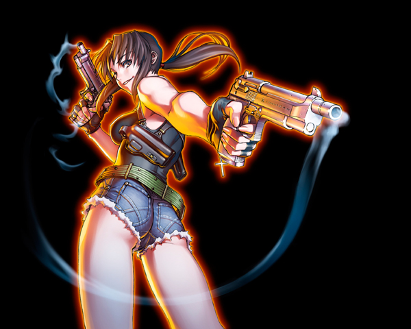 ass black_lagoon breasts brown_hair cutoffs denim denim_shorts dual_wield dual_wielding fingerless_gloves from_below gloves gun hiroe_rei holster looking_back ponytail revy short_shorts shorts sideboob smile smoke smoking_gun weapon