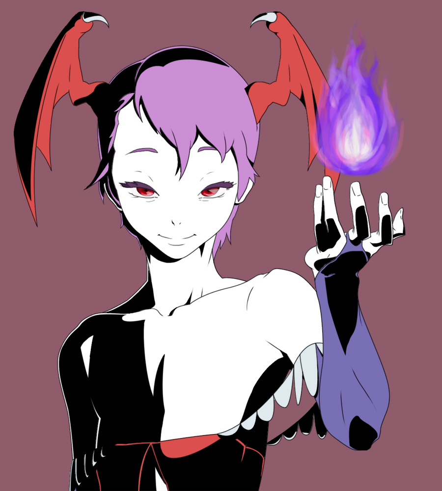 bare_shoulders bridal_gauntlets capcom collarbone demon_girl elbow_gloves face flat_chest gloves hands head_wings headwings lilith_aensland purple_hair red_eyes short_hair succubus tocky vampire_(game)