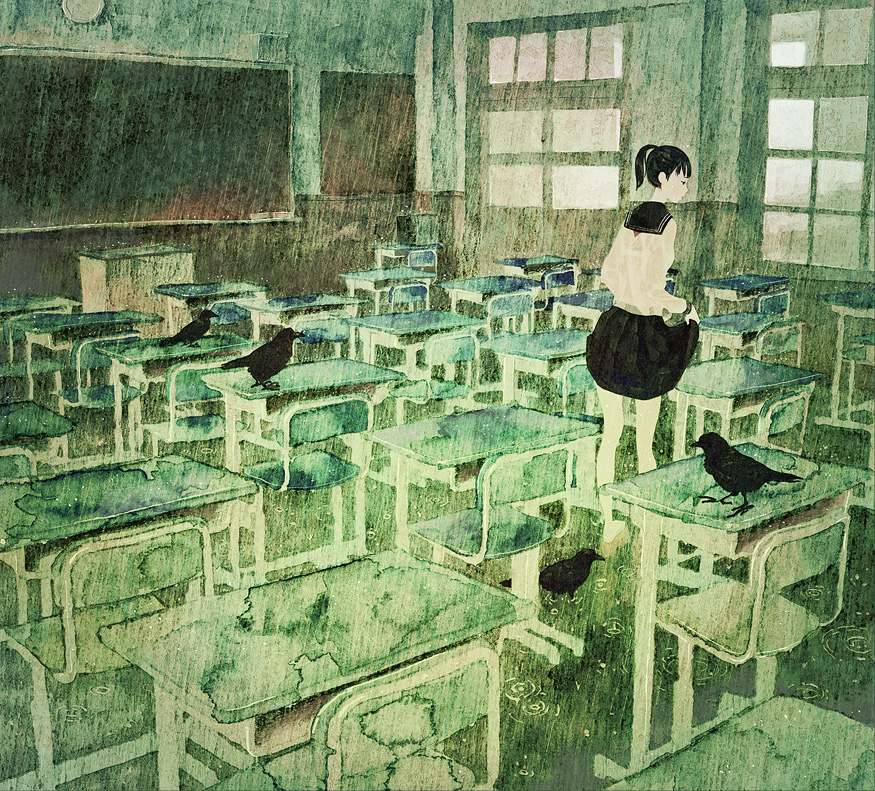 barefoot black_hair classroom crow flood kumaori_jun original rain school_uniform serafuku