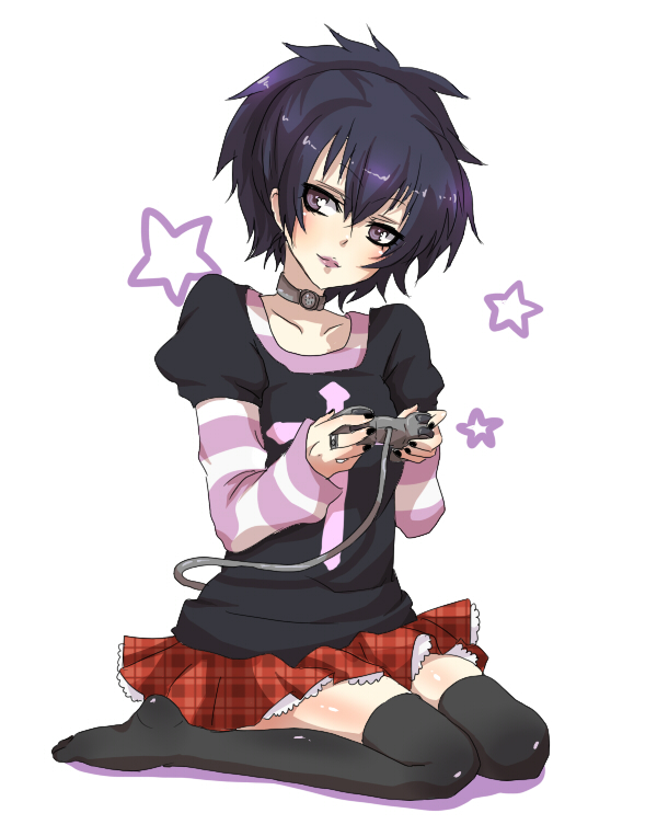 choker controller female game_controller girls_playing_games goth gothic_lolita long_sleeves miniskirt plaid plaid_skirt playing_games playstation_2 ps2 purple_eyes purple_hair sawyer_the_cleaner short_hair skirt solo tartan thigh-highs thighhighs video_game violet_eyes zettai_ryouiki