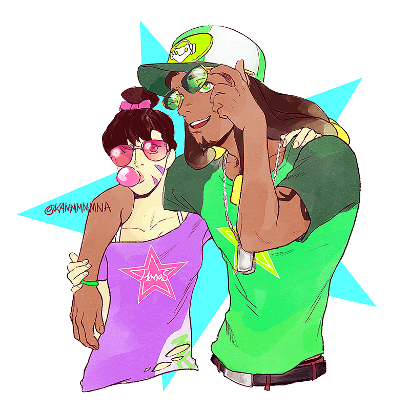 1boy 1girl alternate_hairstyle arm_tattoo baseball_cap beard belt breasts brown_eyes bubble_blowing bubblegum buckle casual character_name collarbone commentary cropped_torso d.va_(overwatch) dark_skin dark_skinned_male dog_tags facepaint facial_hair facial_mark frog_print glasses goatee green_eyes green_shirt gum hand_on_another's_shoulder hat kammmmmna lucio_(overwatch) overwatch pink_lips pink_shirt ponytail shirt short_sleeves sleeveless sleeveless_shirt star star_print sunglasses tattoo toned torn_clothes transparent_background twitter_username whisker_markings wristband