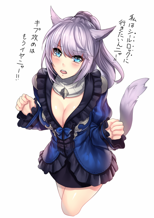 1girl animal_ears aqua_eyes aruma_jiki blush breasts cleavage dress final_fantasy final_fantasy_xiv looking_at_viewer miqo'te ponytail silver_hair simple_background solo tail tears teeth translation_request white_background