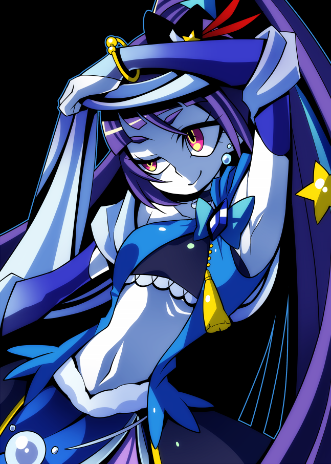 1girl arm_up armpits black_background black_hat blue_bow bow cowboy_shot cure_magical hat izayoi_liko long_hair looking_away magical_girl mahou_girls_precure! mini_hat mini_witch_hat navel ninomae ponytail precure purple_hair sapphire_(stone) sapphire_style sash skirt smile solo violet_eyes white_skin witch_hat
