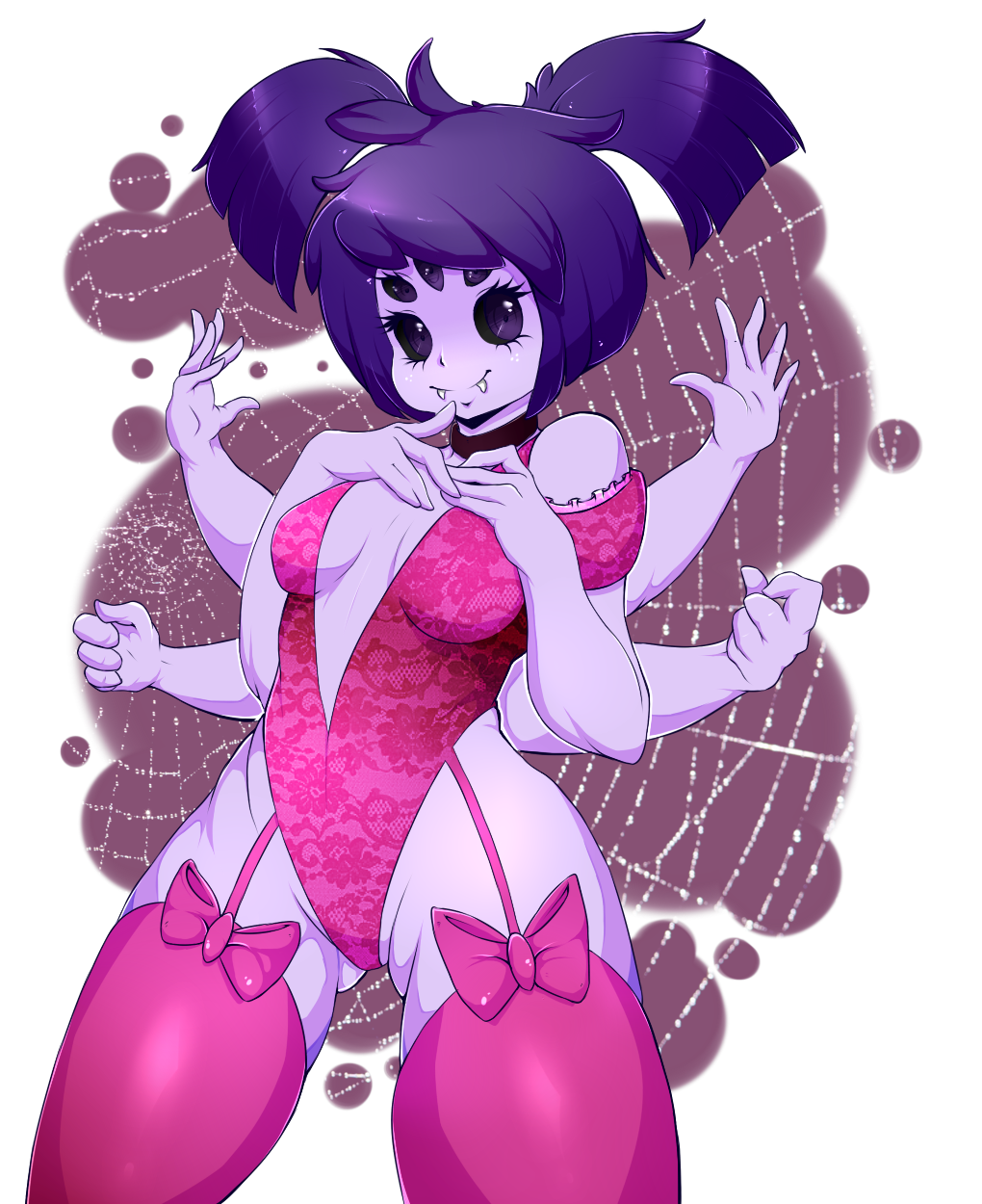 breasts extra_arms extra_eyes fangs insect_girl lingerie muffet purple_skin spider_girl thigh-highs twintails undertale