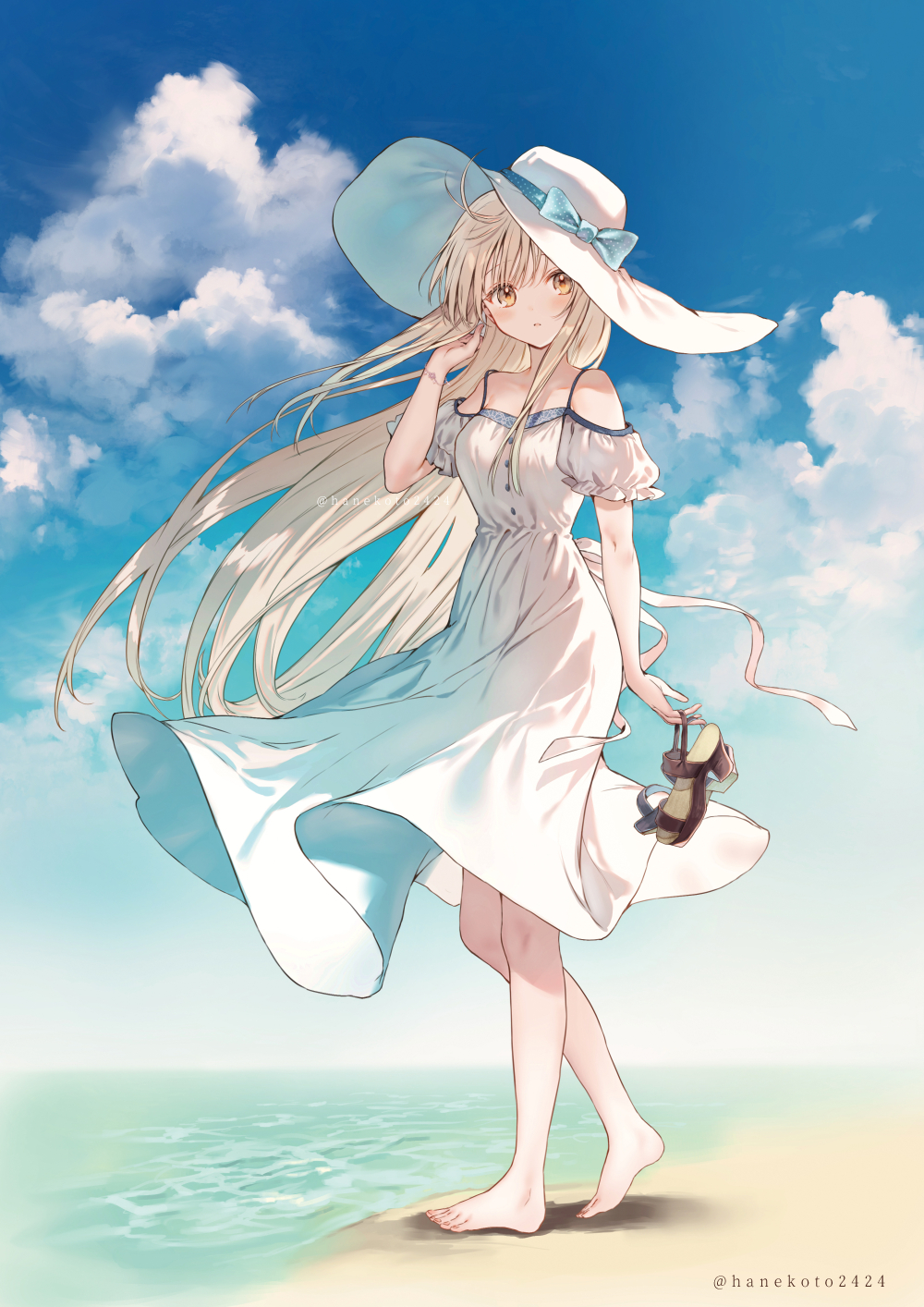 1girl :o bangs bare_legs bare_shoulders barefoot beach blonde_hair blue_ribbon blue_sky bracelet breasts commentary_request day dress feet hanekoto hat hat_ribbon highres holding holding_clothes holding_footwear jewelry long_hair looking_at_viewer medium_breasts ocean original puffy_short_sleeves puffy_sleeves ribbon sandals sandals_removed short_sleeves sky solo spaghetti_strap standing sun_hat sundress sunlight toes twitter_username very_long_hair water white_dress white_headwear yellow_eyes