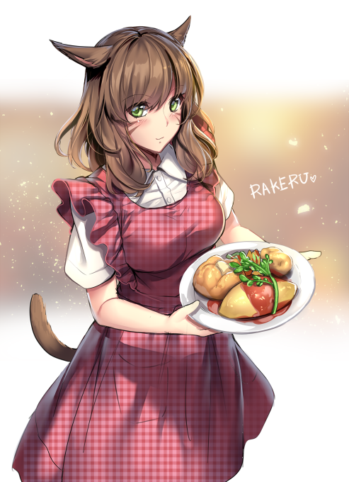 1girl animal_ears apron aruma_jiki blush breasts brown_hair cat_ears cat_tail facial_mark final_fantasy final_fantasy_xiv food green_eyes looking_at_viewer miqo'te omurice plaid plate smile solo tail