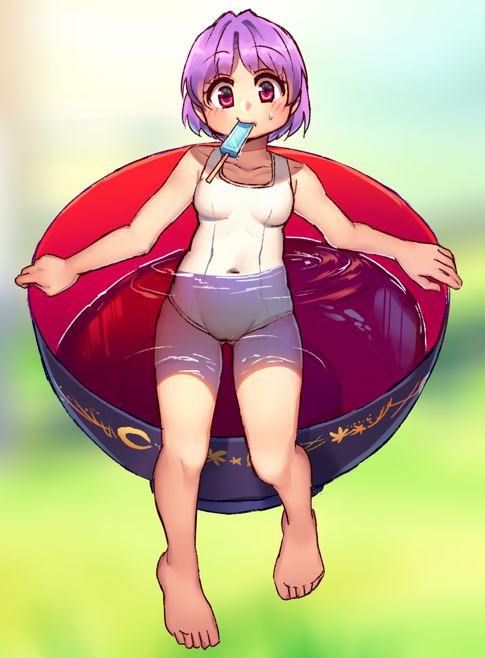 1girl barefoot blush bowl covered_navel full_body gradient gradient_background hatimitu-x highres in_bowl in_container looking_at_viewer mouth_hold one-piece_swimsuit partially_submerged popsicle purple_hair red_eyes short_hair sitting solo sukuna_shinmyoumaru sweat swimsuit touhou