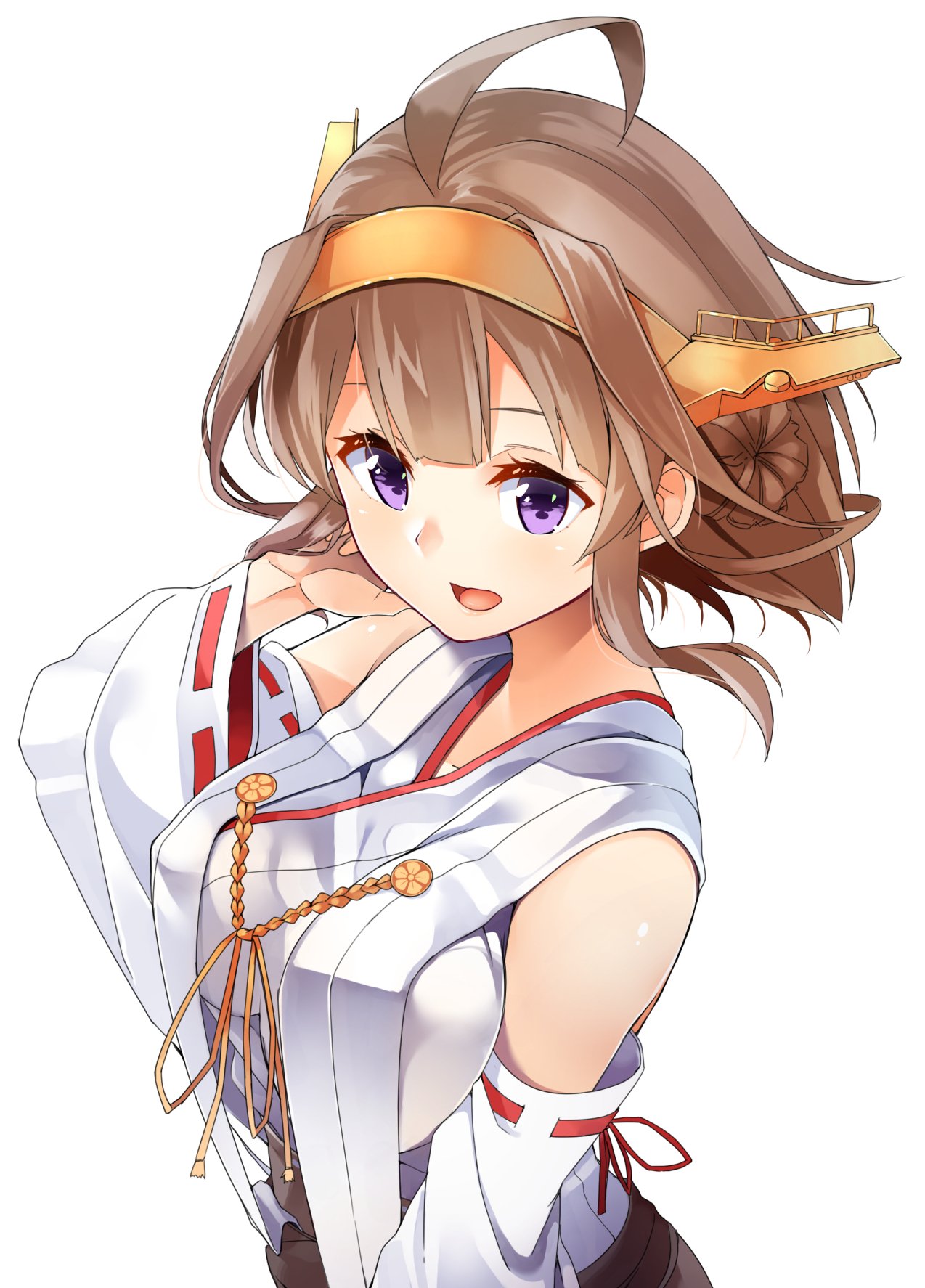 1girl ahoge alternate_eye_color alternate_hair_length alternate_hairstyle bare_shoulders black_skirt breasts brown_hair byte_(allbyte) detached_sleeves from_side hair_between_eyes hair_bun hair_tousle hairband highres japanese_clothes kantai_collection kongou_(kantai_collection) medium_breasts nontraditional_miko open_mouth simple_background skirt smile upper_body violet_eyes white_background