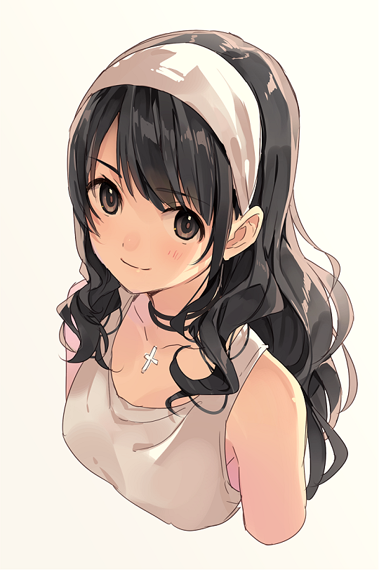 1girl bangs black_hair blush brown_eyes closed_mouth cropped_torso cross cross_necklace eyebrows_visible_through_hair grey_background hairband hime_kyun_fruit_can jewelry long_hair looking_at_viewer natsu_natsuna necklace okumura_mayuri real_life simple_background smile solo swept_bangs upper_body wavy_hair