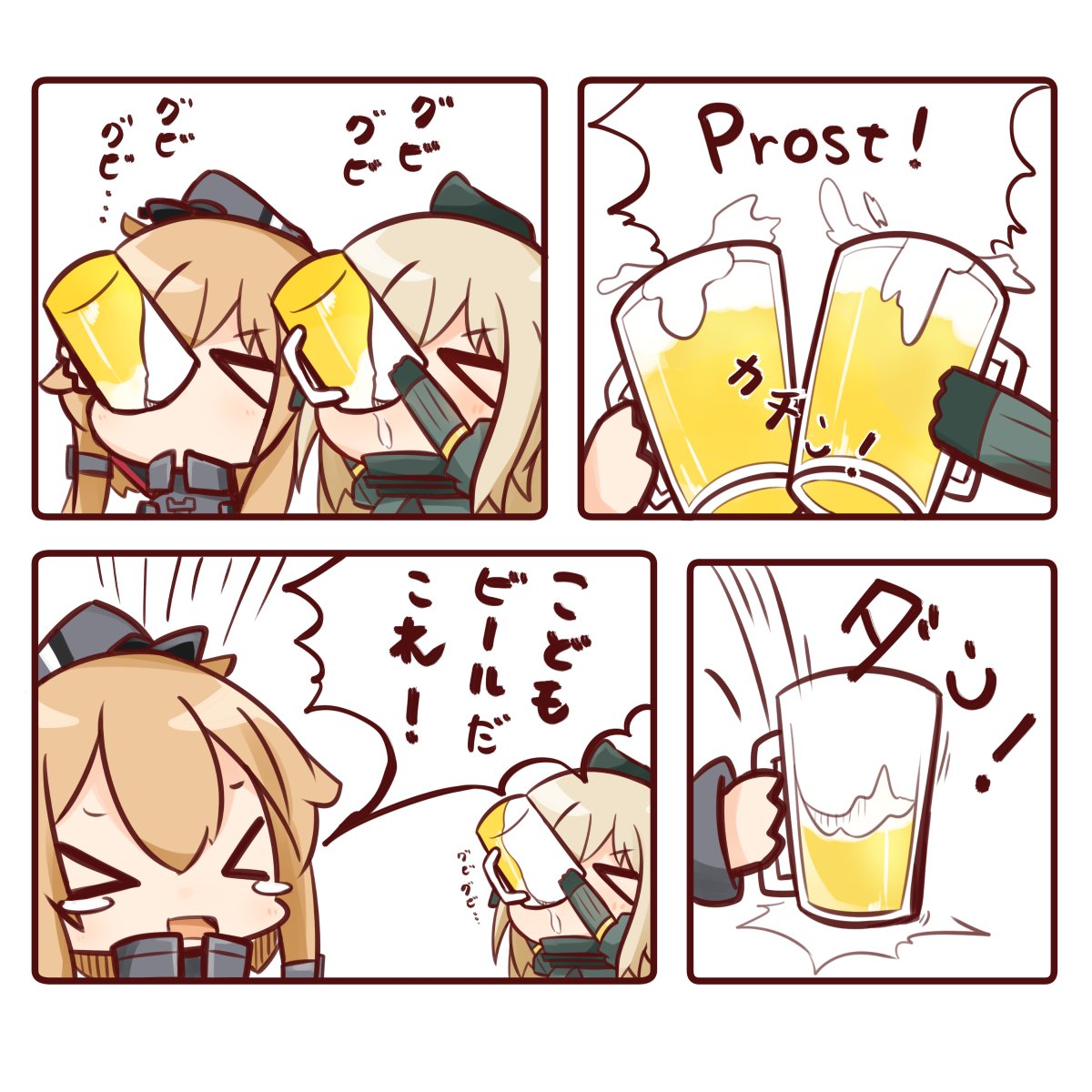 &gt;_&lt; 2girls alcohol beer beer_mug chibi closed_eyes comic commentary_request female garrison_cap german hat highres kantai_collection long_hair military_uniform multiple_girls nuu_(nu-nyu) open_mouth peaked_cap prinz_eugen_(kantai_collection) simple_background speech_bubble tears translated u-511_(kantai_collection) uniform white_background