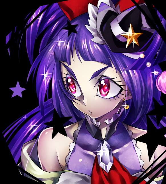 1girl black_background black_hat cure_magical hat izayoi_liko long_hair looking_away magical_girl mahou_girls_precure! mini_hat mini_witch_hat ninomae precure purple_hair serious star upper_body violet_eyes witch_hat