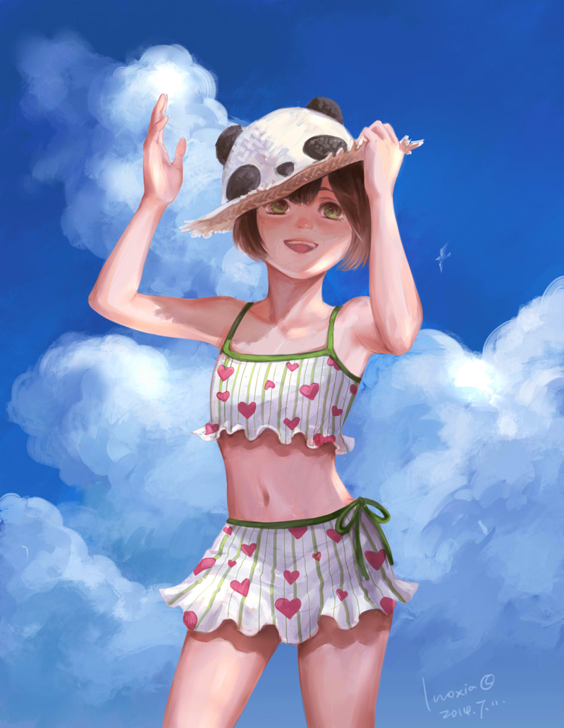 1girl arms_up artist_name bikini_skirt bird blue_sky brown_hair clouds contrapposto cowboy_shot dated felix_(luoxia) green_eyes happy hat heart_print midriff navel open_mouth original panda_hat short_hair side-tie_swimsuit sky smile solo standing striped sun_hat swimsuit tankini teeth vertical_stripes watermark