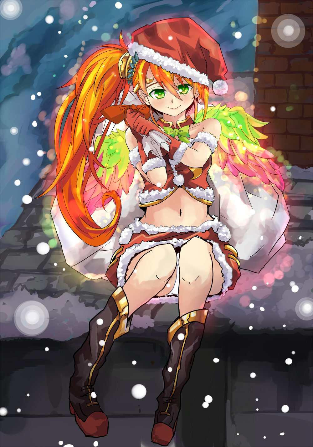 1girl bird_wings blush boots chimney fur_trim gloves green_eyes hair_ornament hat highres leilan_(p&amp;d) long_hair looking_at_viewer midriff multicolored_wings navel orange_hair puzzle_&amp;_dragons red_gloves red_skirt rooftop sack santa_costume santa_hat side_ponytail skirt smile snow solo tonton_(hamuni123) wings