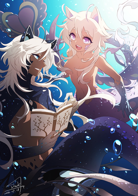 2016 2girls :d animal_ears artist_name blue_eyes copyright_request dark.h dark_skin dated eye_contact lavender_eyes long_hair looking_at_another monster_girl multiple_girls open_mouth scale scales smile underwater white_hair
