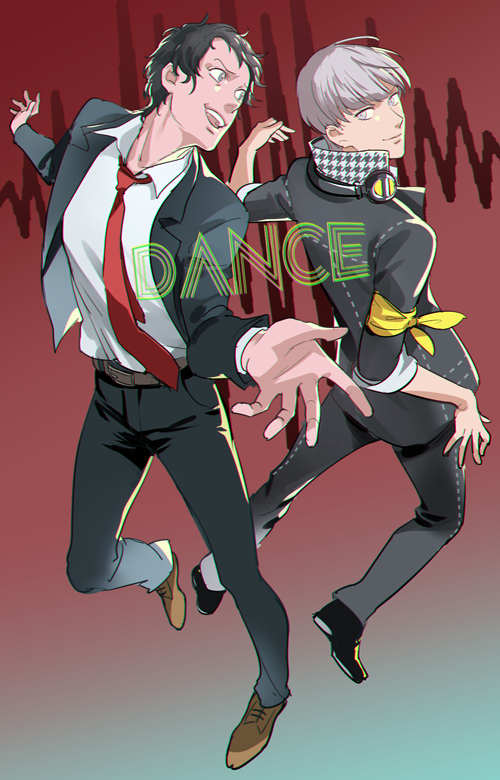 2boys adachi_tooru armband black_hair grey_eyes grey_hair houndstooth magatsumagic multiple_boys narukami_yuu necktie persona persona_4 persona_4:_dancing_all_night