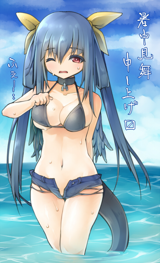 1girl adjusting_clothes adjusting_swimsuit bikini blue_hair bow breasts cleavage clouds cloudy_sky dizzy guilty_gear hair_bow kamino_(gokuyon) large_breasts long_hair midriff navel one_eye_closed partially_submerged red_eyes ribbon shochuumimai shorts sky solo swimsuit tail translated twintails under_boob wading water wet wings