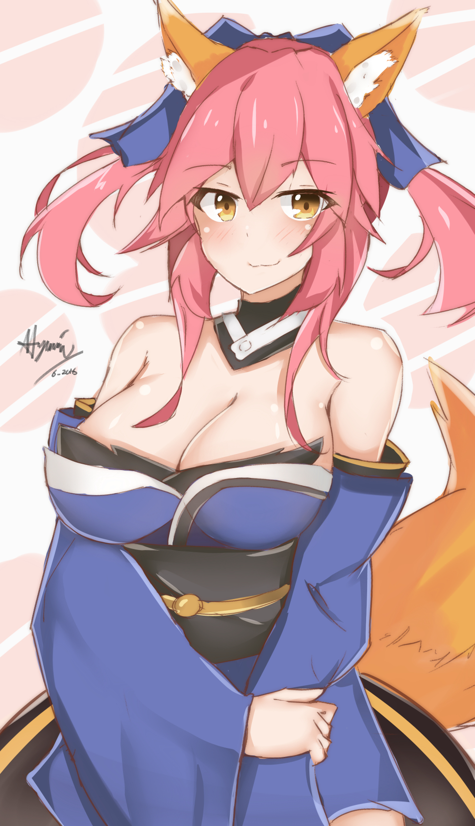 1girl :3 animal_ears bow breasts cleavage detached_sleeves fate/extra fate_(series) fox_ears fox_tail hair_bow hair_ribbon highres japanese_clothes large_breasts looking_at_viewer myumi pink_hair ribbon signature solo tail tamamo_(fate)_(all) tamamo_no_mae_(fate) yellow_eyes