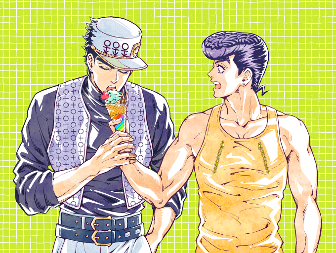 2boys bare_shoulders belt black_hair closed_eyes eating food green_background grid_background hand_in_pocket heart higashikata_jousuke ice_cream ice_cream_cone jojo_no_kimyou_na_bouken kuujou_joutarou multiple_boys muscle open_clothes open_vest patterned_background pompadour sleeves_pushed_up tank_top uchiyama_lammy uncle_and_nephew upper_body vest waffle_cone zipper