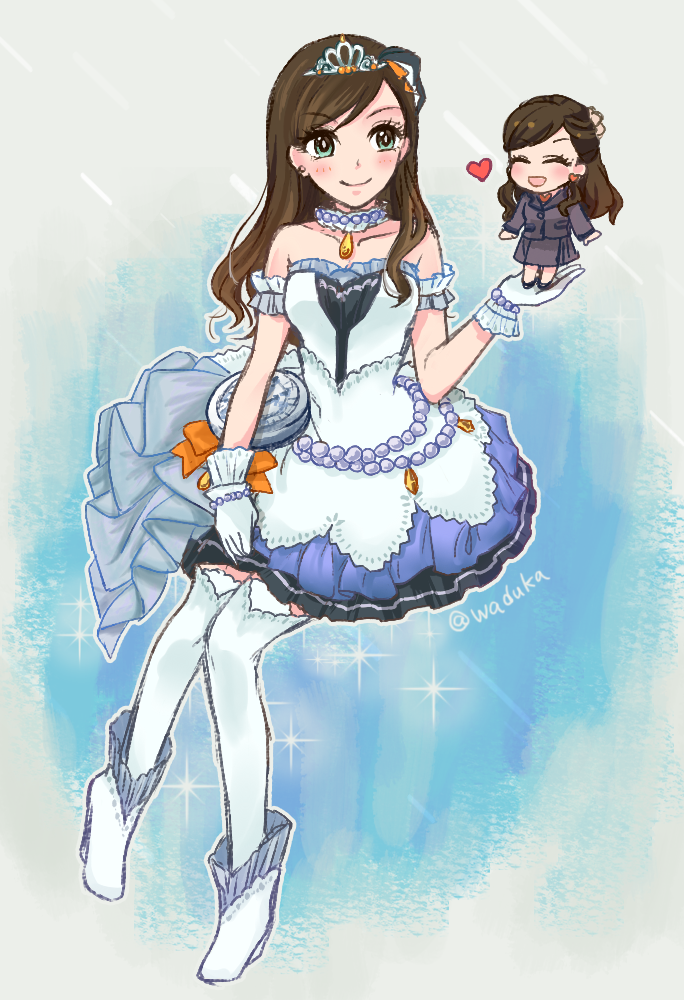 1girl brown_eyes brown_hair chibi dual_persona earrings etou_misaki_(idolmaster) gloves green_eyes hamuro_(866) heart idolmaster idolmaster_cinderella_girls idolmaster_cinderella_girls_starlight_stage jewelry long_hair smile thigh-highs tiara