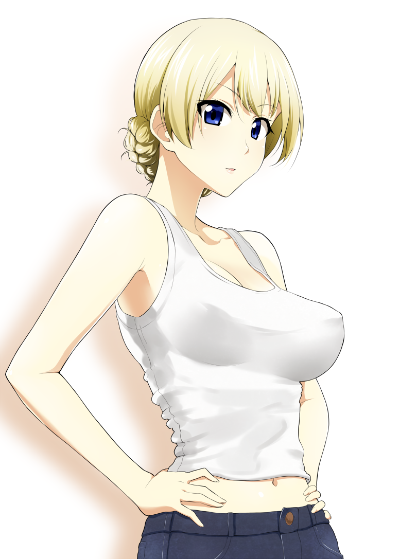 1girl bangs blonde_hair blue_eyes braid breasts cleavage commentary_request darjeeling denim erect_nipples eyebrows eyebrows_visible_through_hair girls_und_panzer gradient gradient_background hair_up hands_on_hips jeans large_breasts looking_at_viewer mattari_yufi midriff navel open_mouth pants shadow sketch solo tagme tank_top upper_body