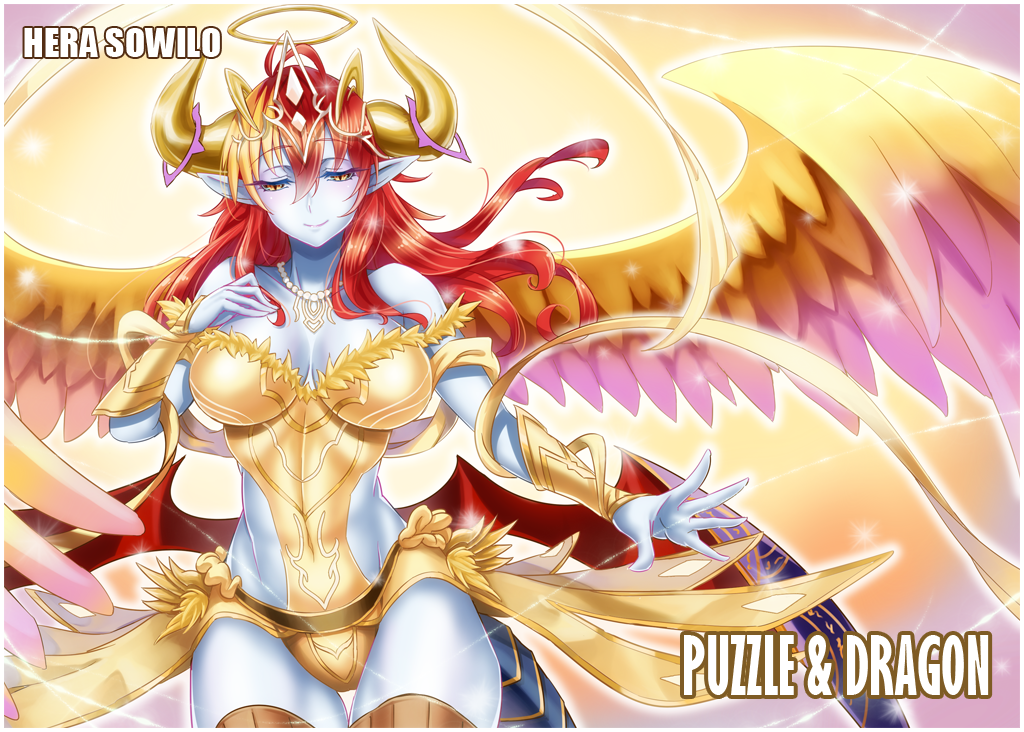 1girl angel_wings blonde_hair blue_skin breasts character_name cleavage copyright_name demon_girl demon_wings hair_ornament halo hand_on_own_chest hera-sowilo_(p&amp;d) hera_(p&amp;d) horn_ring horns jewelry long_hair looking_at_viewer multicolored_hair multiple_wings necklace puzzle_&amp;_dragons red_wings redhead sennoyume slit_pupils smile solo tail thigh-highs two-tone_hair vambraces white_border wings yellow_eyes yellow_wings