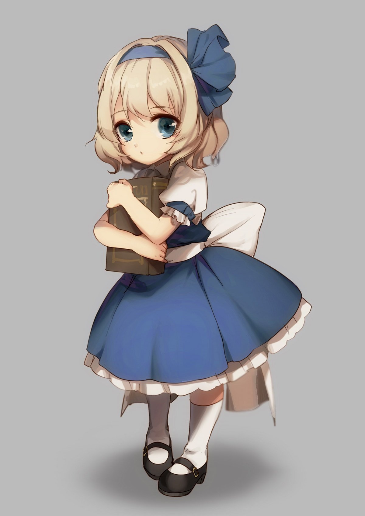 1girl alice_margatroid alice_margatroid_(pc-98) blonde_hair blue_dress blue_eyes book child dress full_body grey_background hairband highres kneehighs looking_at_viewer mary_janes no-kan puffy_sleeves ribbon sash shoes short_hair short_sleeves simple_background solo touhou touhou_(pc-98) white_legwear younger
