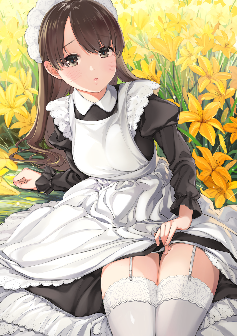 1girl :o apron arm_support bangs black_dress blush brown_eyes brown_hair chestnut_mouth dress dress_lift field flower flower_field garter_straps hair_over_one_eye highres juliet_sleeves lace_trim lily_(flower) long_hair long_sleeves looking_at_viewer maid maid_apron maid_headdress megumoke on_ground original parted_lips puffy_sleeves skirt skirt_lift solo thigh-highs thighs white_apron white_legwear wing_collar zettai_ryouiki