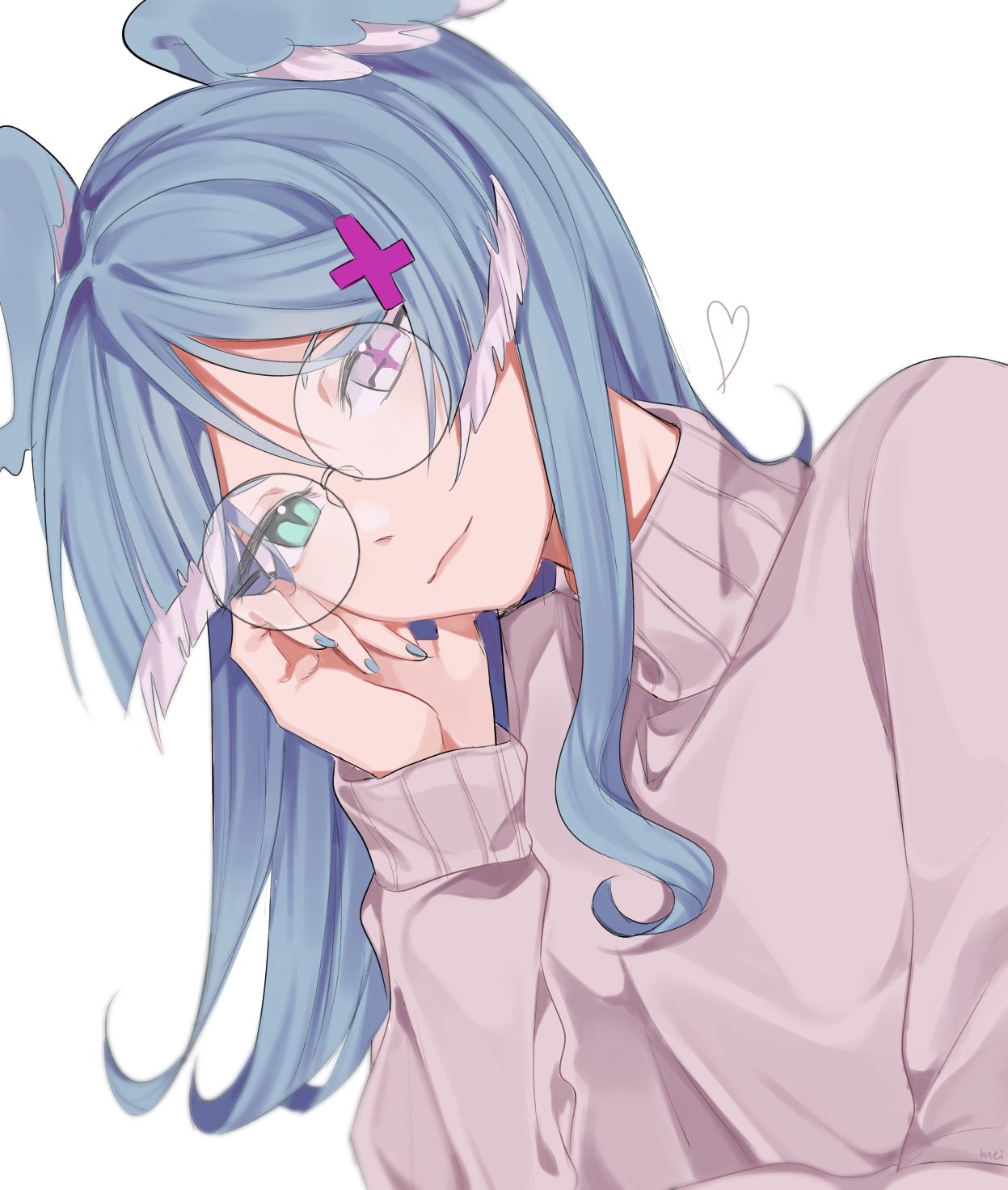 1girl alternate_costume bangs bespectacled blue_eyes blue_nails elira_pendora glasses grey_sweater head_wings heart heterochromia highres leaning_to_the_side light_smile mei_(adomanju) nijisanji nijisanji_en round_eyewear smile solo sweater turtleneck turtleneck_sweater violet_eyes virtual_youtuber