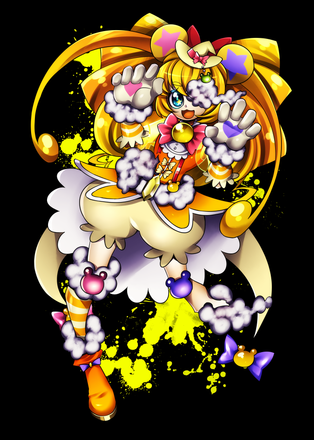 1girl animal_ears bear_ears black_background bloomers blue_eyes brooch cure_mofurun full_body gloves hat jewelry kneehighs long_hair magical_girl mahou_girls_precure! mini_hat mini_witch_hat mofurun_(mahou_girls_precure!) ninomae orange_hair orange_shoes personification precure shoes smile solo standing striped striped_legwear underwear witch_hat yellow_hat