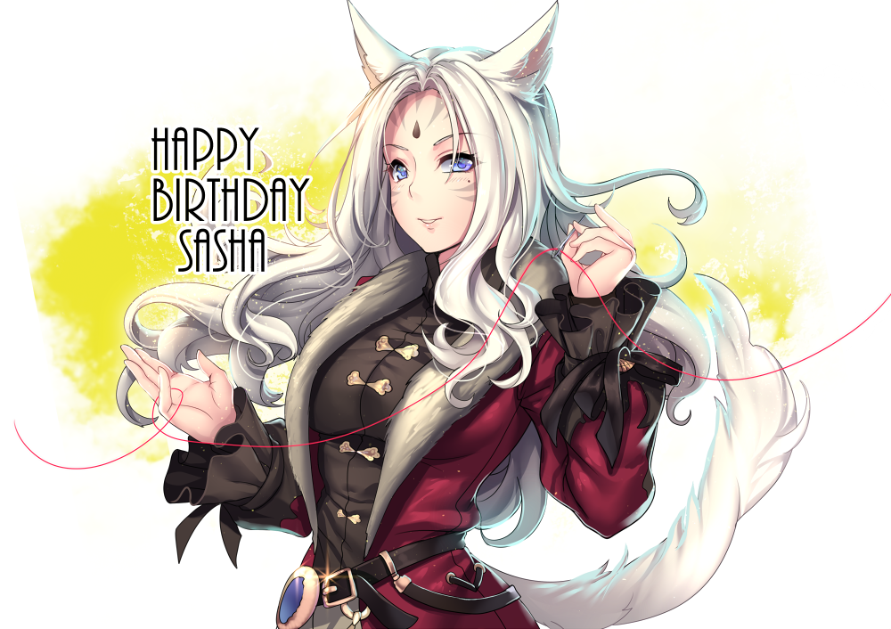 1girl animal_ears aruma_jiki blue_eyes cat_ears cat_tail facial_mark final_fantasy final_fantasy_xiv miqo'te needle silver_hair solo tail thread