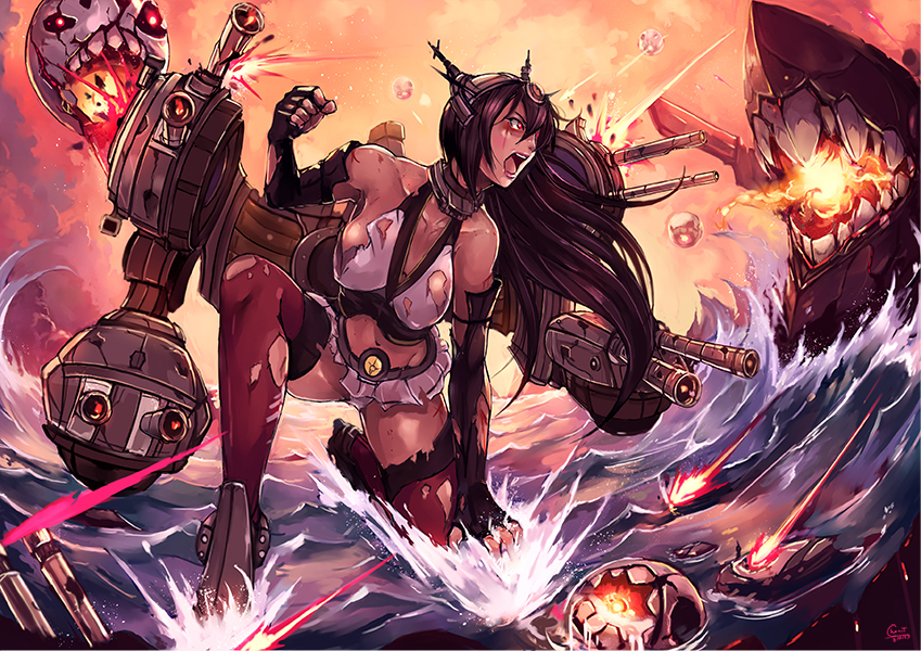 battle black_hair blood breasts clenched_hand collar collarbone damaged elbow_gloves erect_nipples fingerless_gloves firing gloves hanging_breasts kachima kantai_collection kneeling long_hair miniskirt nagato_(kantai_collection) navel panties pleated_skirt red_eyes rudder_shoes shouting skirt thigh-highs torn_clothes torn_gloves torn_thighhighs turret underwear water