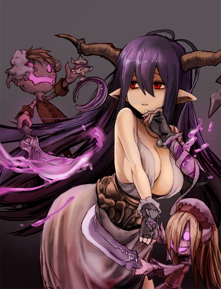 1girl antenna_hair bandage bandaged_arm bare_shoulders black_gloves breasts cleavage cockadooodledoo crescent dagger danua doraf dress drooling fingerless_gloves gloves granblue_fantasy gretel_(granblue_fantasy) grey_background hansel_(granblue_fantasy) horn_ornament horns jewelry large_breasts long_hair necklace open_mouth pointy_ears purple_hair red_eyes saliva sideboob simple_background solo stuffed_toy weapon white_dress