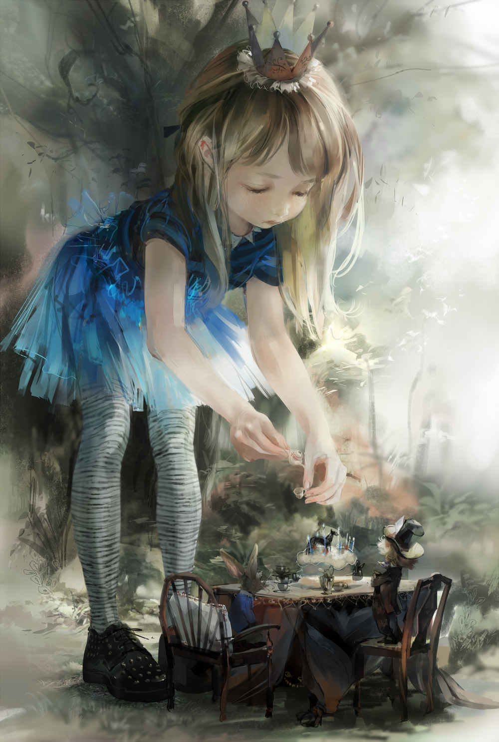 1girl alice_(wonderland) alice_in_wonderland blonde_hair blue_dress chair child crown cup dress full_body giantess hat highres leaning_forward long_hair looking_down mad_hatter march_hare rabbit saucer solo standing striped striped_legwear table tea tea_set teacup teapot top_hair top_hat tree yukim_(merryheart)