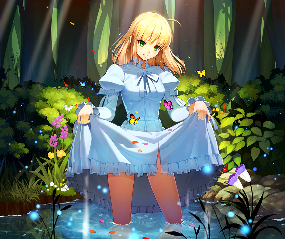 1girl ahoge alternate_costume animal bare_legs blonde_hair blue_bow blue_bowtie bow bowtie breasts bush butterfly colorful daisy dappled_sunlight dress dress_lift fate/stay_night fate_(series) flower flower_request forest frilled_dress frills grass green_eyes insect juliet_sleeves lifted_by_self light_rays light_smile long_sleeves medium_breasts nature outdoors parted_lips plant pond puffy_sleeves rock saber short_hair skirt_hold smile solo sunlight tareme teeth vmax-ver wading