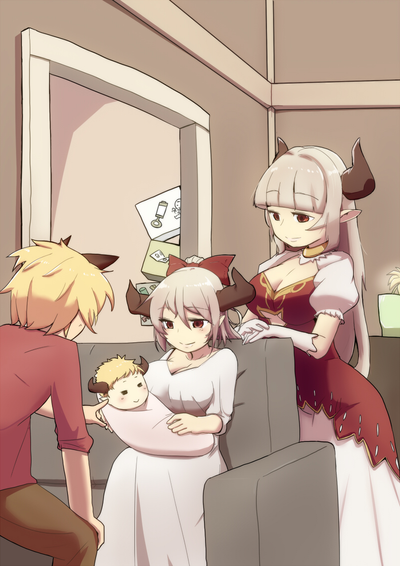 2boys 2girls alicia_(granblue_fantasy) aliza_(granblue_fantasy) animal_ears baby blonde_hair breasts center_opening cleavage couch doraf dress erun_(granblue_fantasy) granblue_fantasy horns if_they_mated large_breasts long_dress long_hair mother_and_child mother_and_daughter multiple_boys multiple_girls pointy_ears ponytail red_eyes silver_hair sitting stan_(grandblue_fantasy) zaru_no_naka_ni_aru_saikoro