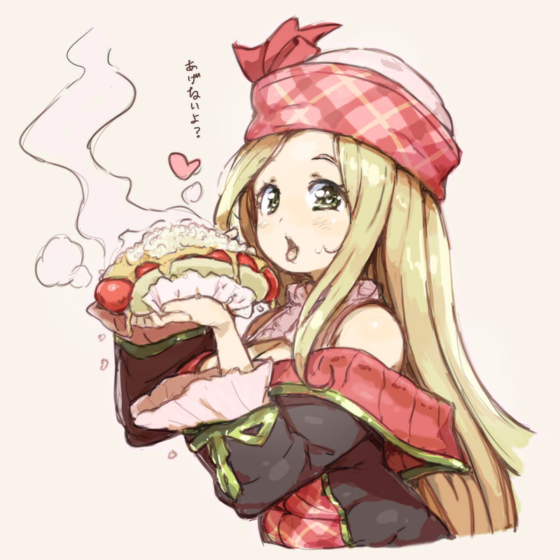 1girl blonde_hair blush breasts cleavage cleavage_cutout diola_(granblue_fantasy) food granblue_fantasy green_eyes hat heart heart-shaped_pupils holding holding_food hot_dog long_hair long_sleeves looking_at_viewer open_mouth randou sexually_suggestive solo steam symbol-shaped_pupils tongue tongue_out translation_request wide_sleeves