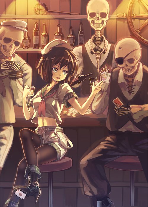 1girl :d alcohol ankle_boots bar black_boots black_bow black_bowtie black_hair black_legwear black_pants black_vest boots bottle bow bowtie breasts card ceiling_light cigarette coin collared_shirt crop_top crop_top_overhang cross-laced_footwear drink eyepatch fire flame flat_cap hat high_heel_boots high_heels holding holding_card holding_glass hollow_eyes indoors lace-up_boots leg_up legs_crossed light long_sleeves looking_at_another medium_breasts midriff murasa_minamitsu navel neckerchief noose open_mouth orita_enpitsu pants pantyhose playing_card sailor school_uniform serafuku shelf shirt short_hair short_sleeves shorts skeleton smile solo_focus steering_wheel stomach stool teeth touhou undead vest white_hat white_shirt white_shorts wine_bottle wing_collar