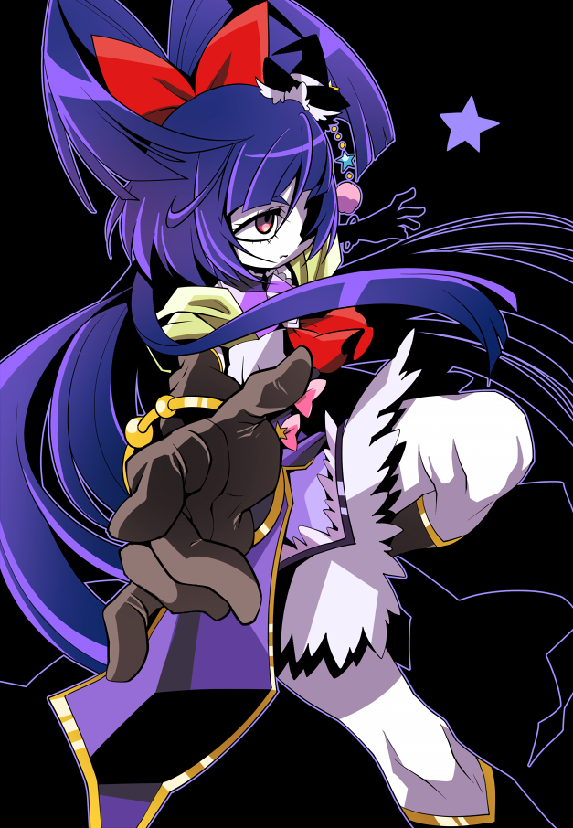 1girl black_background black_gloves black_hat bow cowboy_shot cure_magical elbow_gloves expressionless gloves hair_bow hat izayoi_liko long_hair looking_away mahou_girls_precure! mini_hat mini_witch_hat ninomae precure purple_hair purple_skirt red_bow red_eyes serious skirt solo star white_skin witch_hat