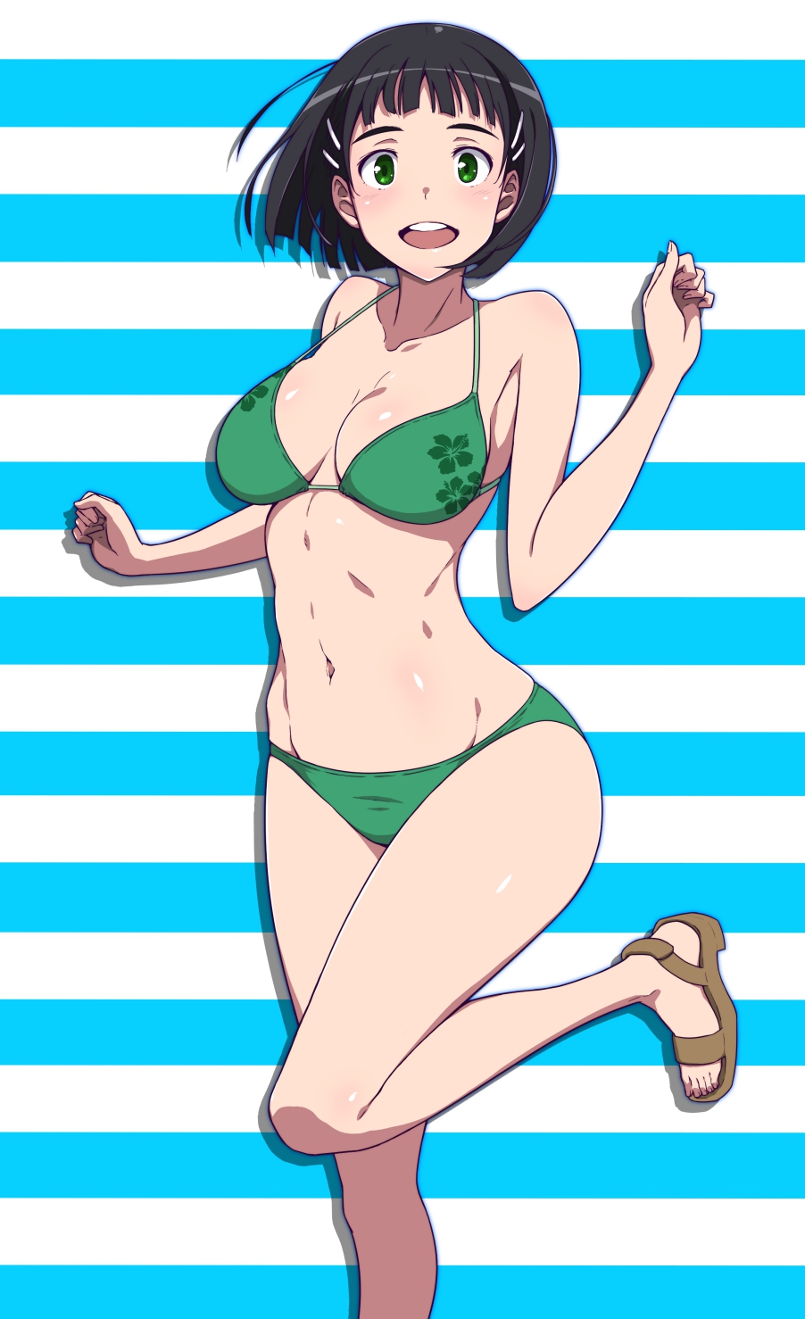 1girl bikini black_hair bob_cut breasts clover_print collarbone feet_out_of_frame green_bikini green_eyes hair_ornament hairclip highres kirigaya_suguha large_breasts looking_at_viewer navel open_mouth puge round_teeth sandals short_hair solo standing standing_on_one_leg striped striped_background swimsuit sword_art_online teeth upper_teeth