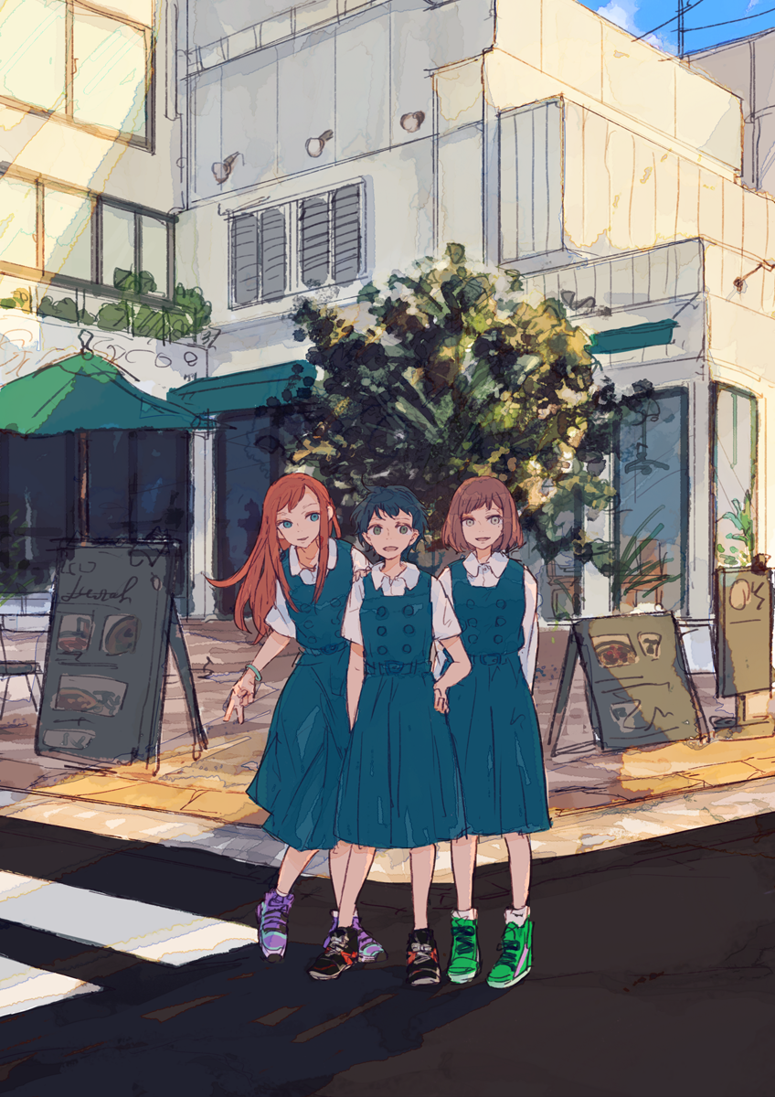3girls blue_dress blue_hair bracelet brown_hair building collared_shirt commentary_request day dress highres jewelry long_hair multiple_girls orange_hair original outdoors pinafore_dress road shirt shoes short_hair side-by-side sign sketch sneakers standing street sumi_(pixiv619693) tennis_shoes tree