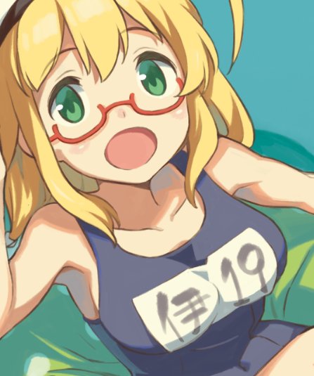 1girl bangs blonde_hair breasts commentary_request cosplay glasses green_eyes i-19_(kantai_collection) i-19_(kantai_collection)_(cosplay) i-8_(kantai_collection) innertube kantai_collection large_breasts long_hair looking_at_viewer nonco one-piece_swimsuit open_mouth red-framed_eyewear school_swimsuit sidelocks sketch solo swimsuit translation_request
