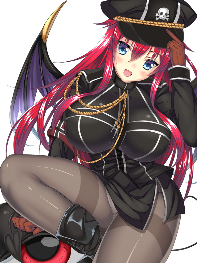 1girl black_legwear blue_eyes boots breasts brown_gloves demon_wings female gloves hat huge_breasts impossible_clothes impossible_shirt inma_kourin_devil_carnival leg_lift long_hair looking_at_viewer military_uniform miniskirt open_mouth pantyhose redhead seta_(monyun) side_slit simple_background sitting skirt skull solo thighs uniform white_background wings