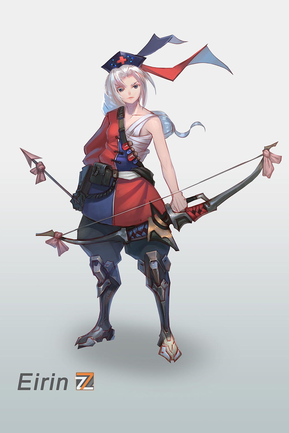 1girl arrow blizzard_(company) bow_(weapon) crossover hanzo_(overwatch) hanzo_(overwatch)_(cosplay) hat highres japanese_clothes long_hair nurse_cap overwatch ponytail quiver short_hair silver_hair single_sleeve touhou weapon yagokoro_eirin zhengyifan7